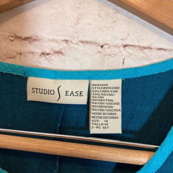 Vintage Studio Ease Midi Dress Womens 14 Linen Teal Turquoise Safari Elephant - Picture 4 of 13